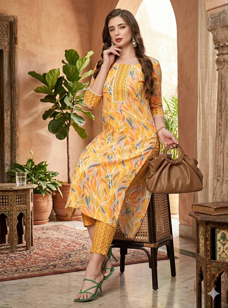 Tropical Leaf Print Kurti Pant Set