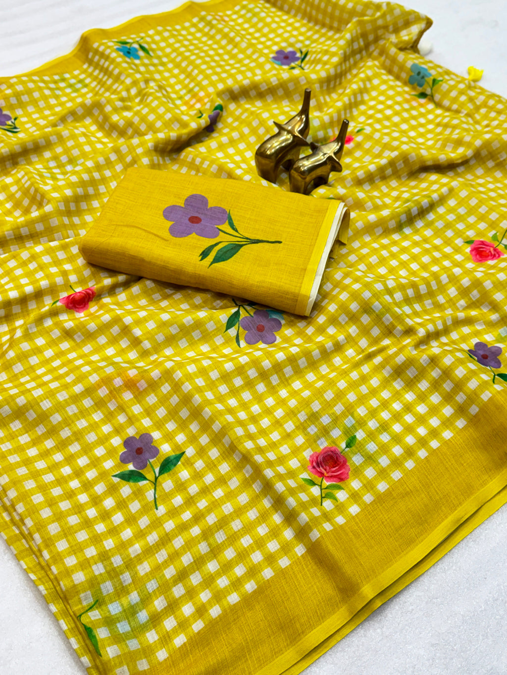 FLOWER-1 | Soft Linen Cotton Saree | Chex Print with Floral Design | Running Blouse
