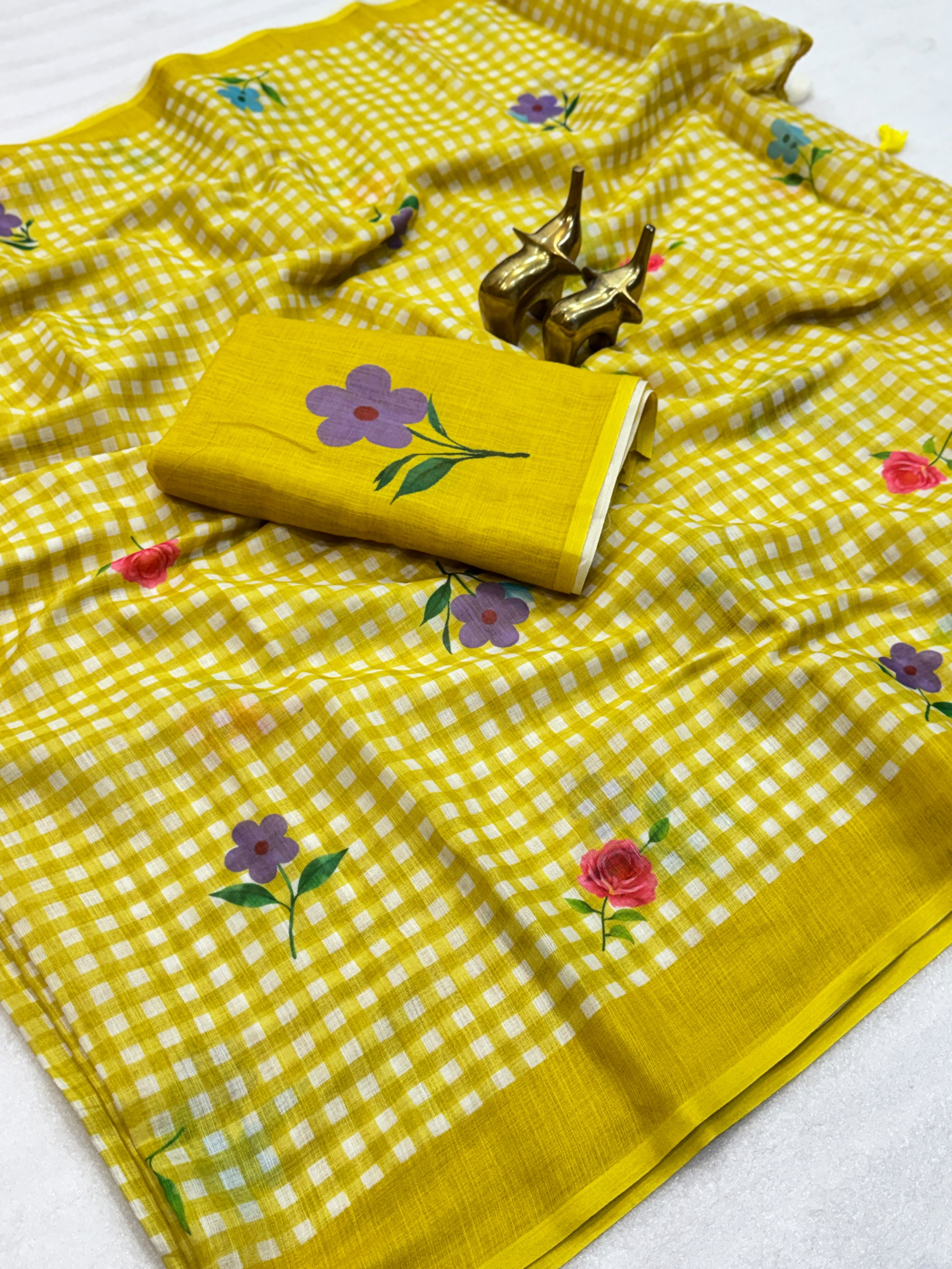 FLOWER-1 | Soft Linen Cotton Saree | Chex Print with Floral Design | Running Blouse