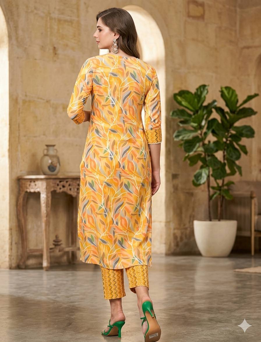 Tropical Leaf Print Kurti Pant Set