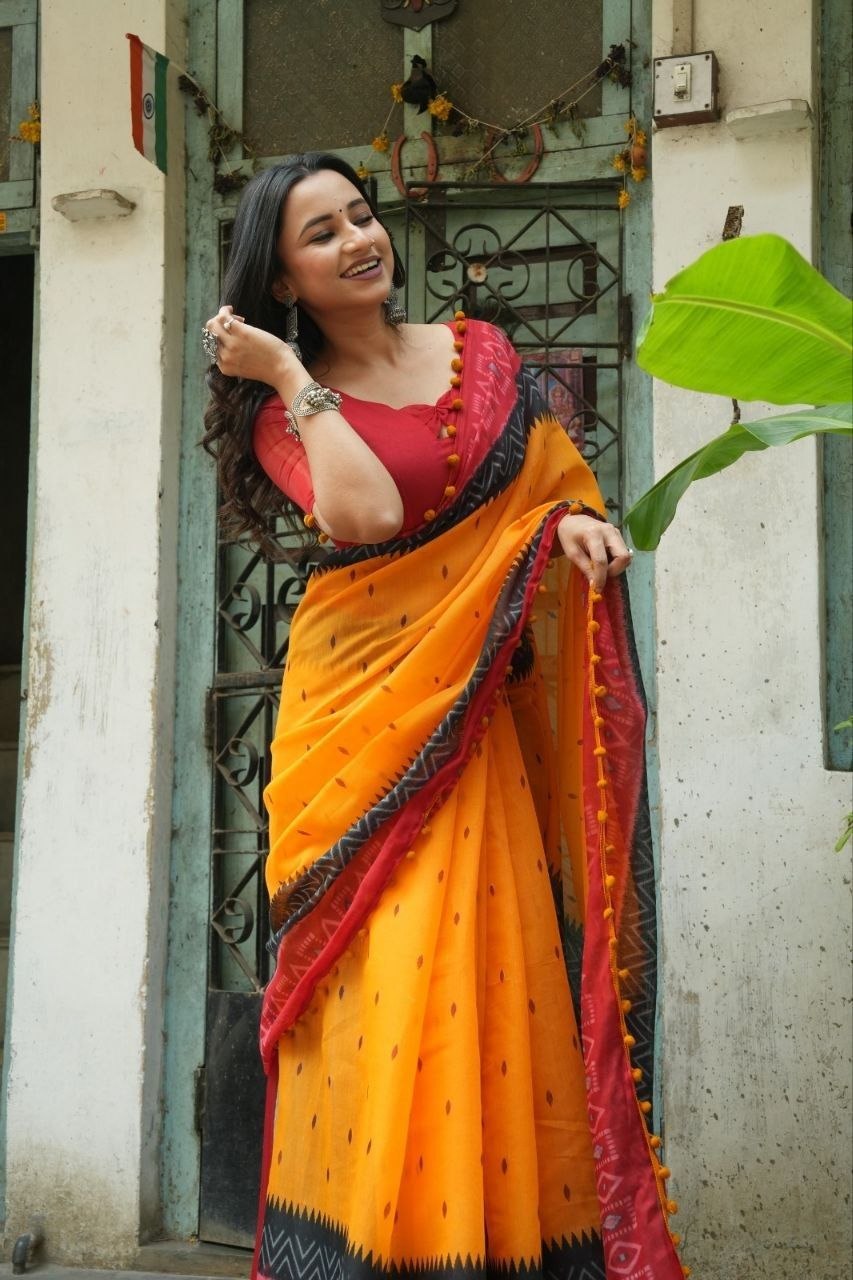 Buy Yellow Ikat Pom-Pom Linen Cotton Saree Online | ₹799