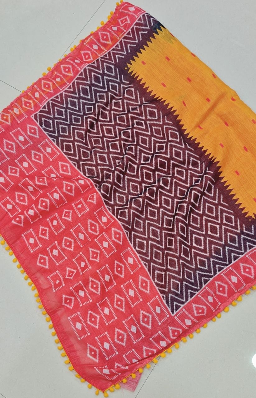Buy Yellow Ikat Pom-Pom Linen Cotton Saree Online | ₹799