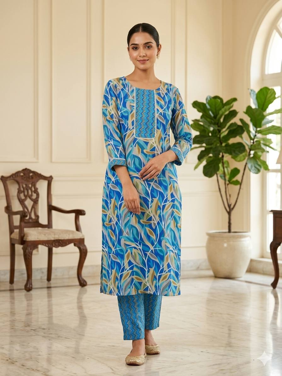 Tropical Leaf Print Kurti Pant Set