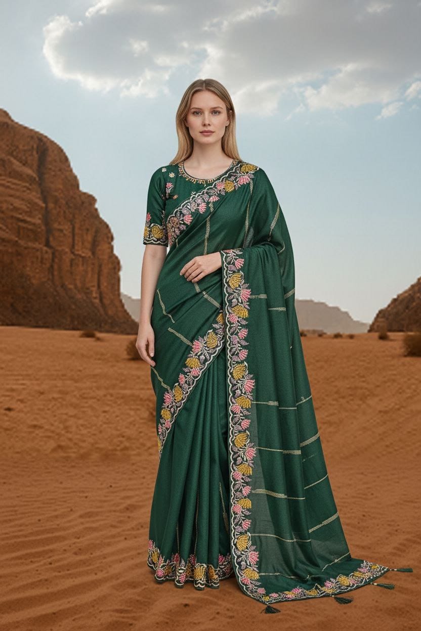 Designer Chinnon Silk Saree with Floral Embroidery & Heavy Blouse