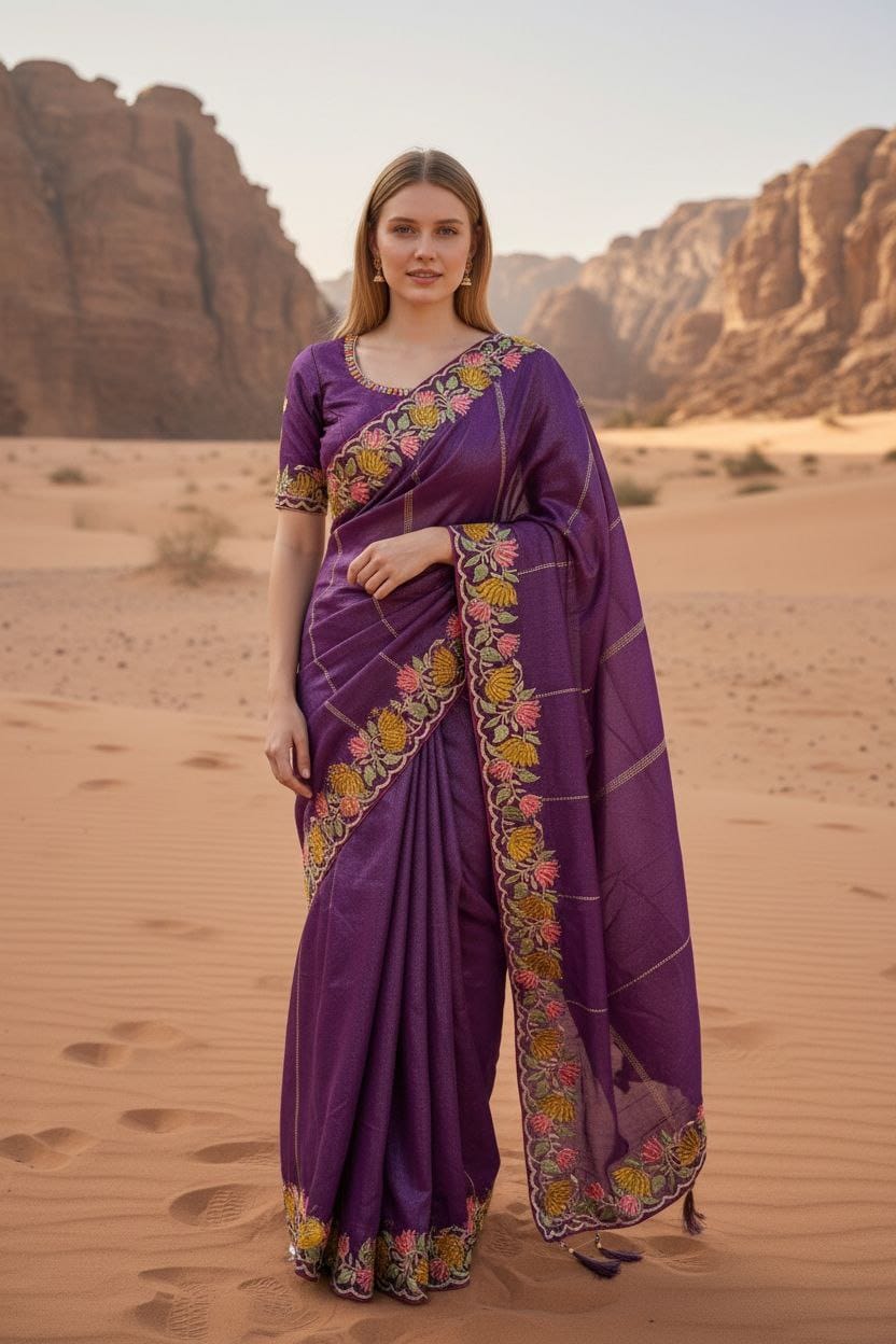 Designer Chinnon Silk Saree with Floral Embroidery & Heavy Blouse