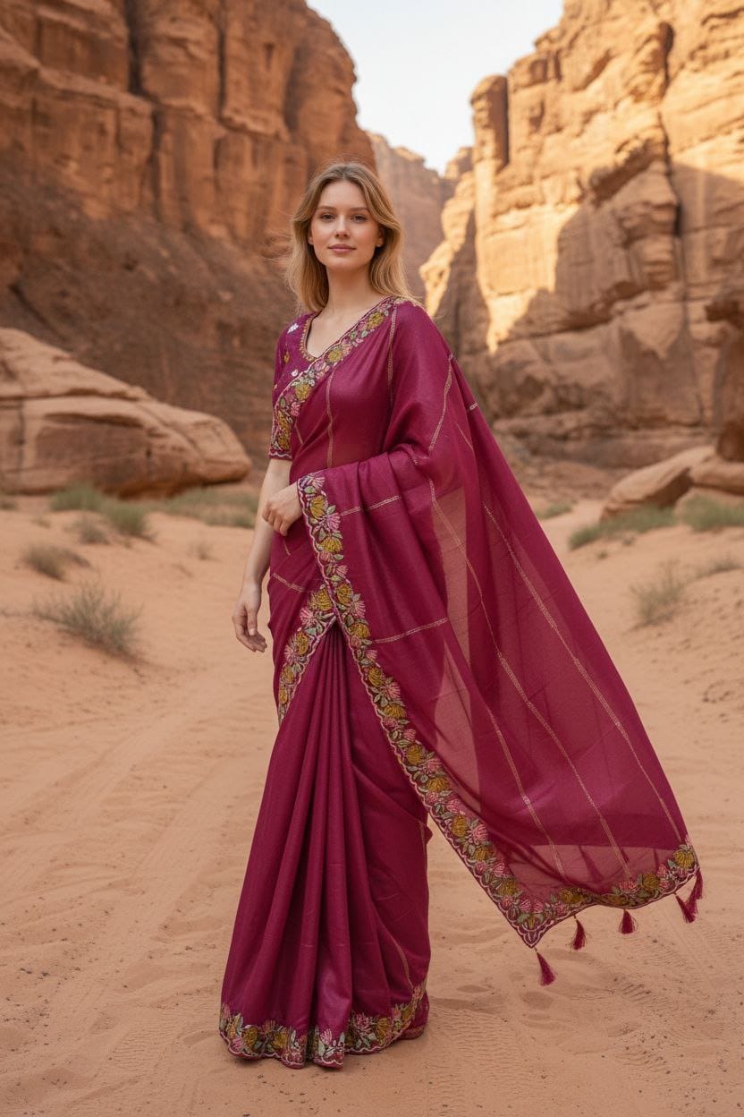 Designer Chinnon Silk Saree with Floral Embroidery & Heavy Blouse