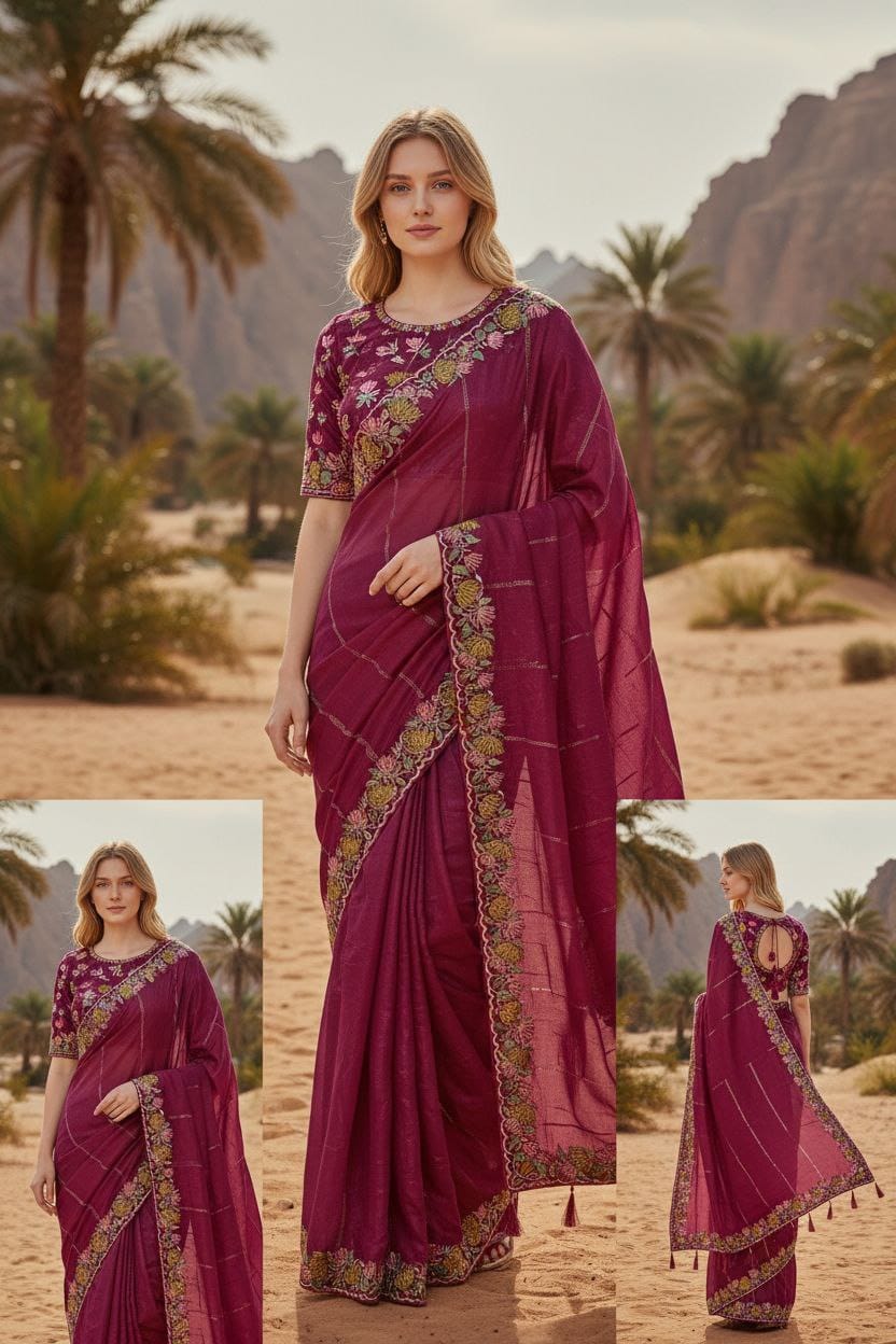 Designer Chinnon Silk Saree with Floral Embroidery & Heavy Blouse