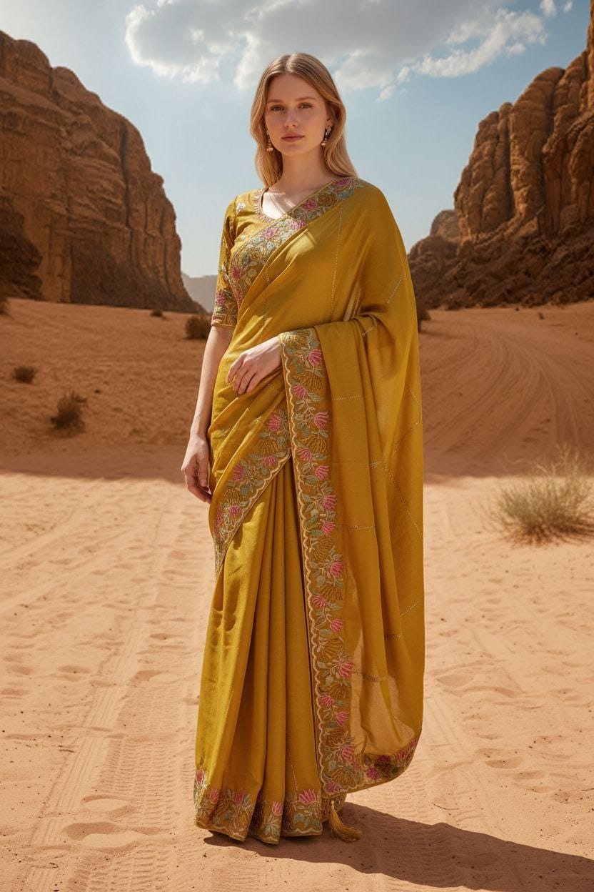 Designer Chinnon Silk Saree with Floral Embroidery & Heavy Blouse