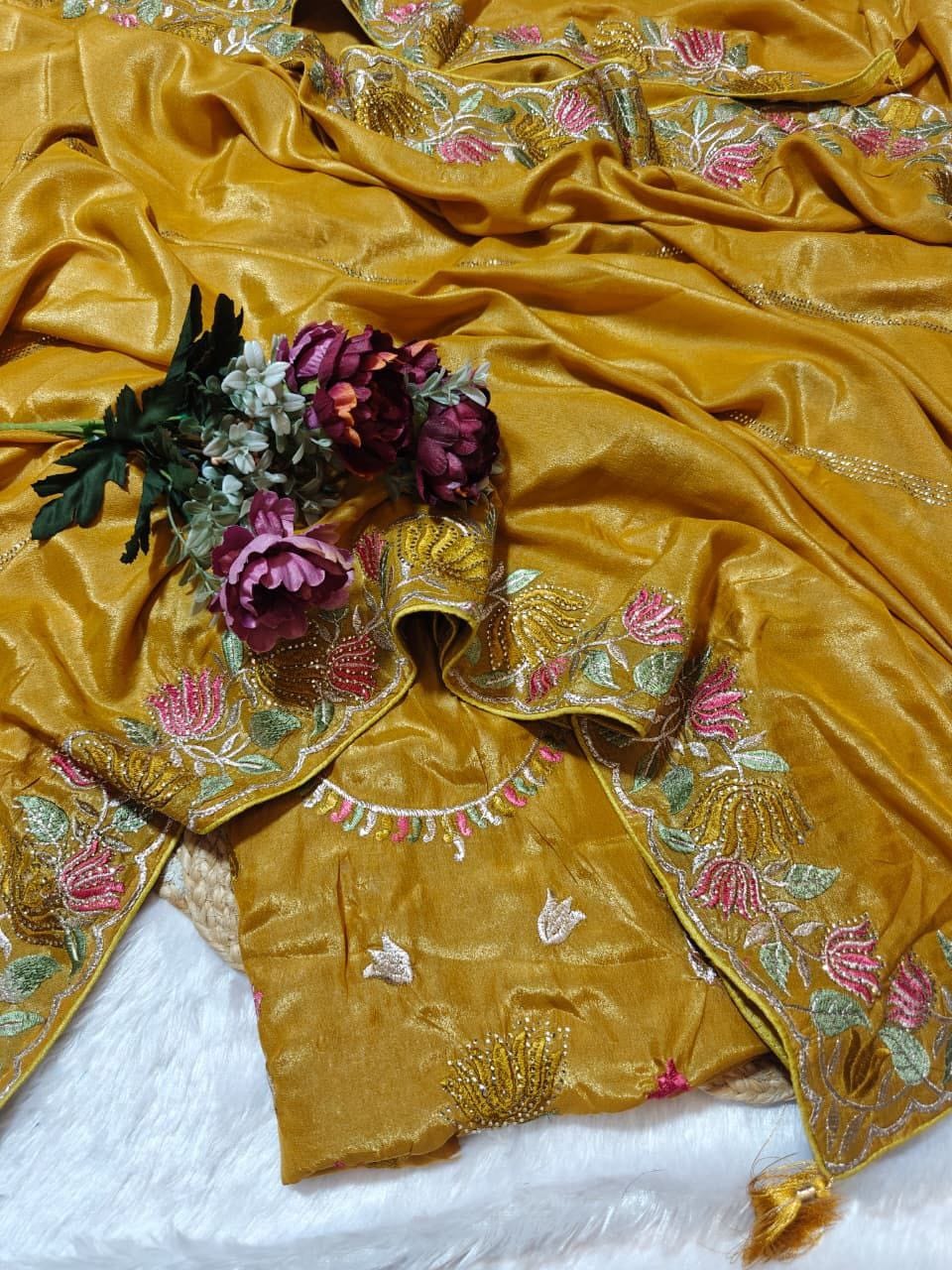 Designer Chinnon Silk Saree with Floral Embroidery & Heavy Blouse