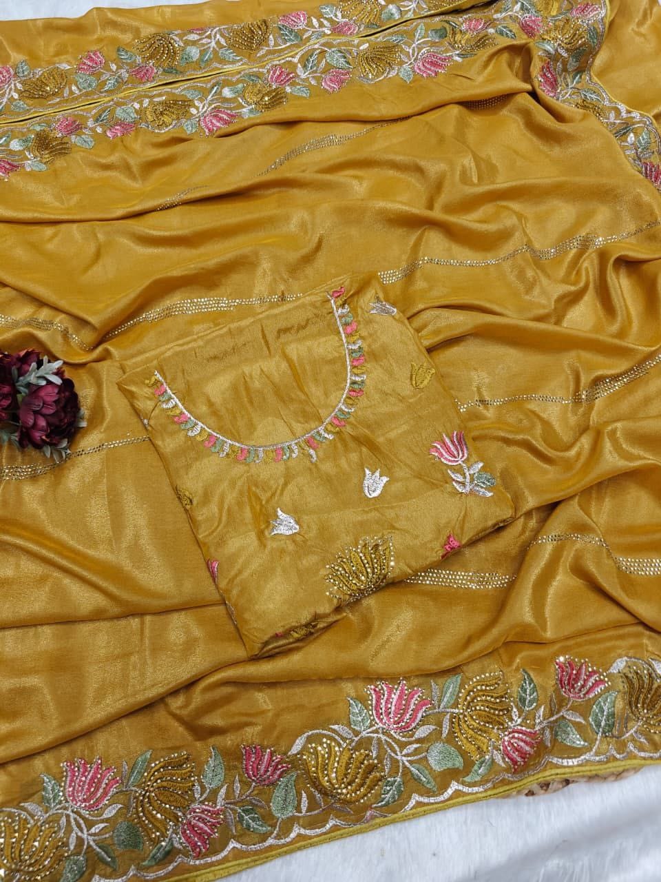 Designer Chinnon Silk Saree with Floral Embroidery & Heavy Blouse