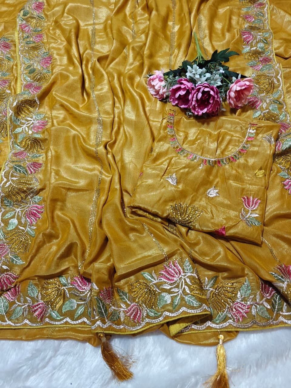Designer Chinnon Silk Saree with Floral Embroidery & Heavy Blouse