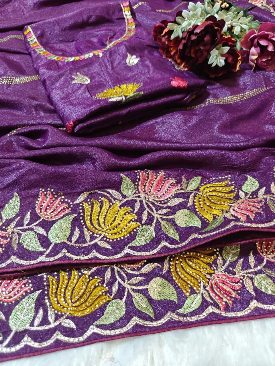 Designer Chinnon Silk Saree with Floral Embroidery & Heavy Blouse