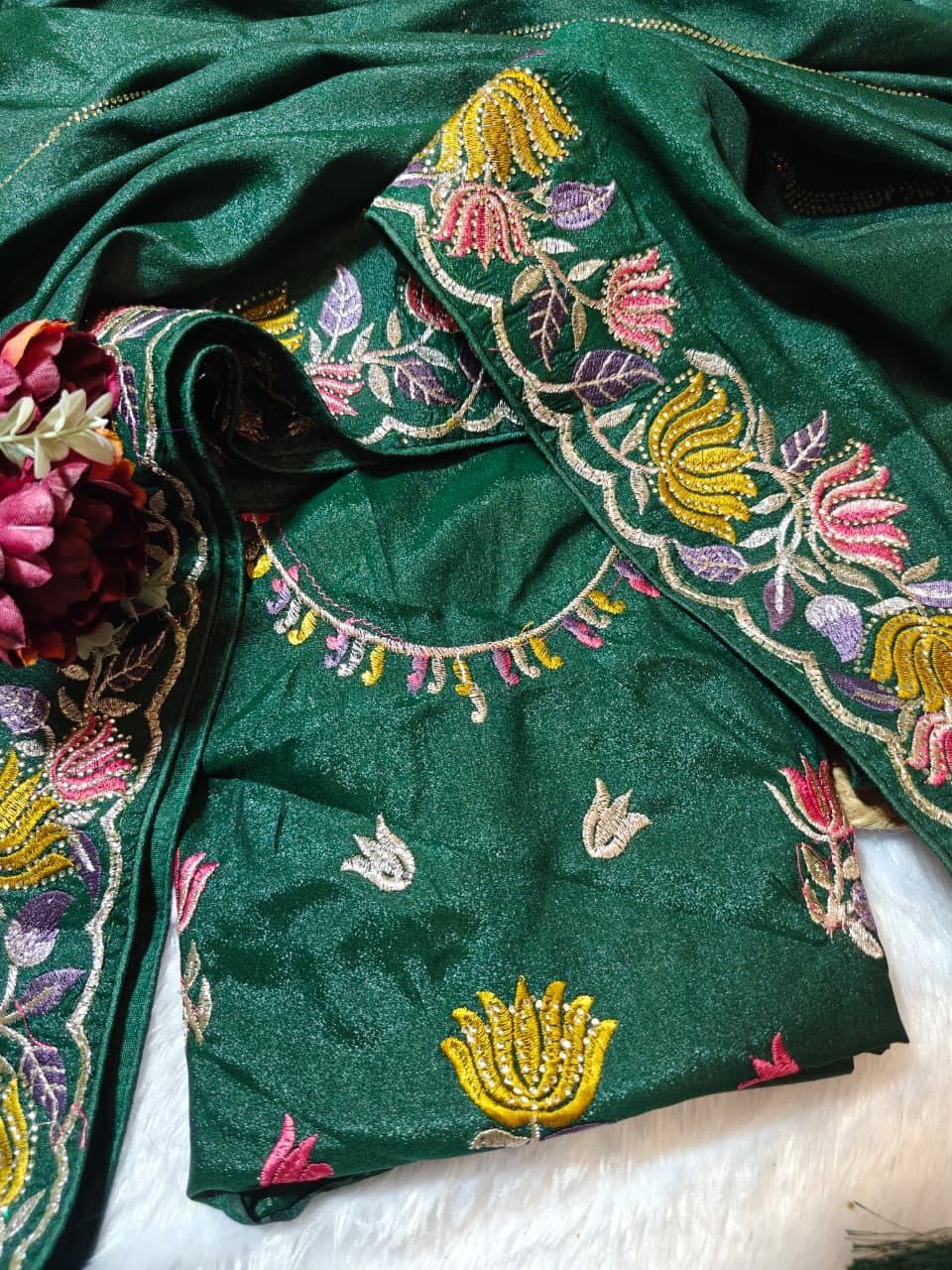 Designer Chinnon Silk Saree with Floral Embroidery & Heavy Blouse