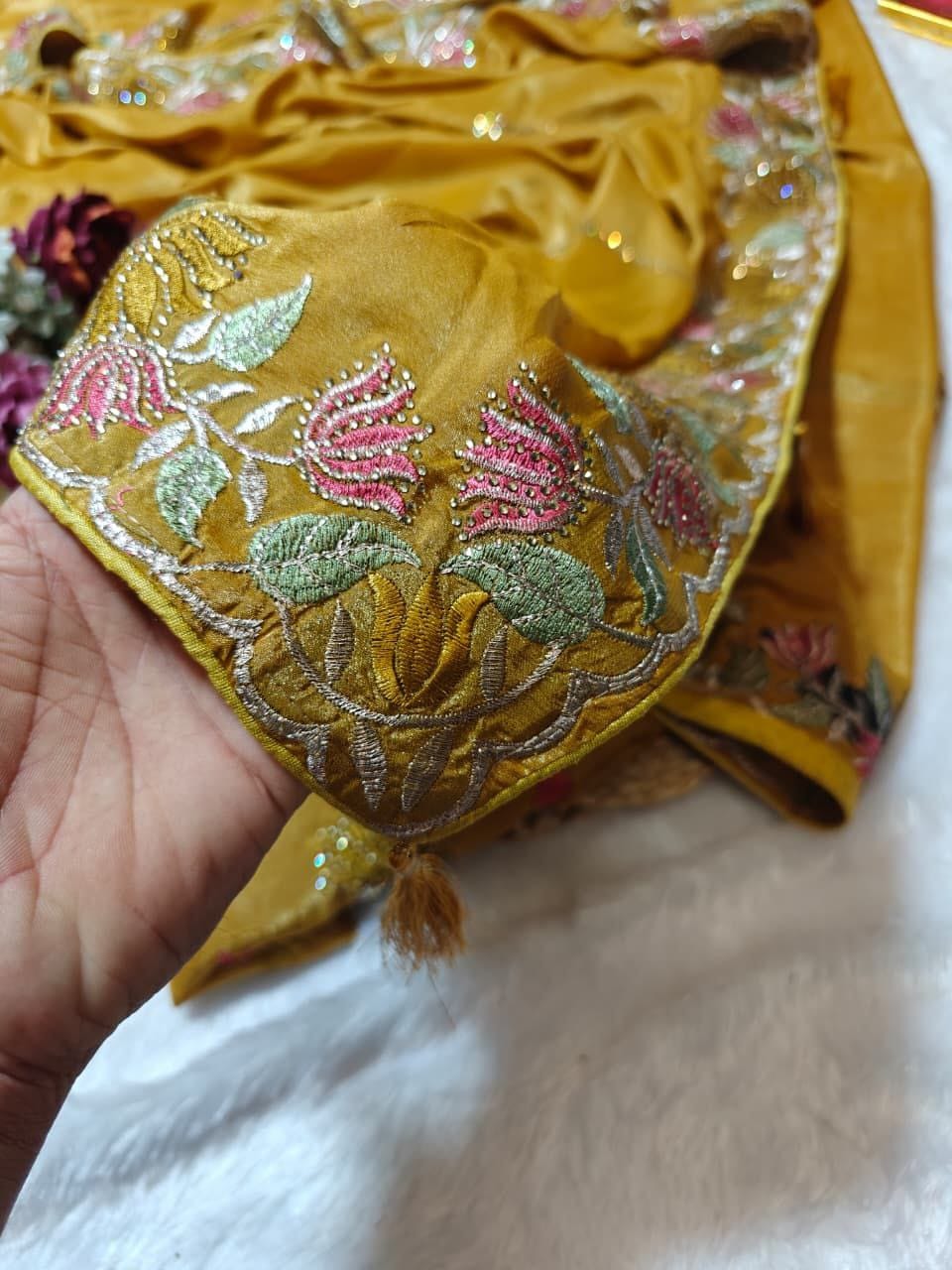 Designer Chinnon Silk Saree with Floral Embroidery & Heavy Blouse