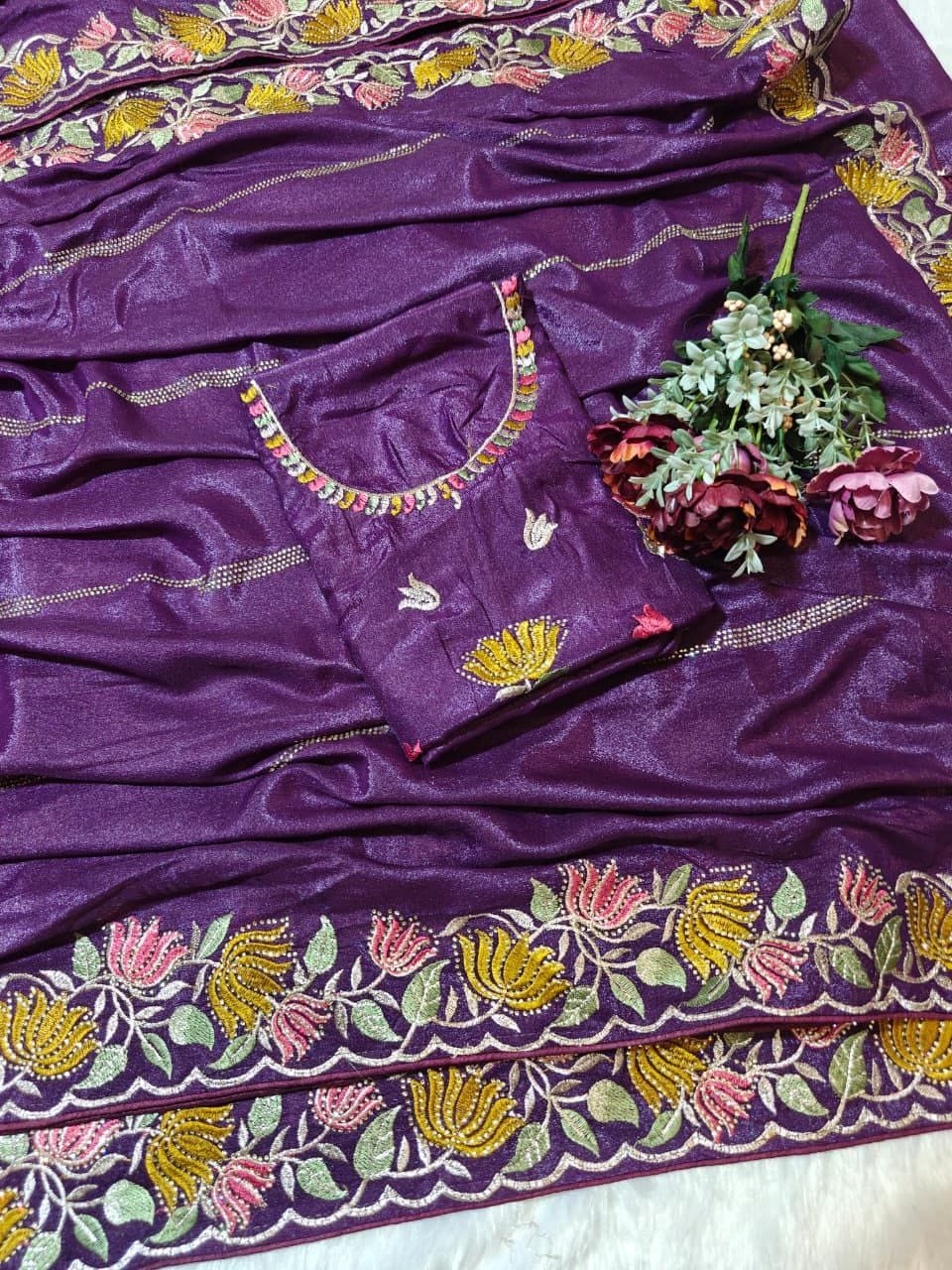 Designer Chinnon Silk Saree with Floral Embroidery & Heavy Blouse