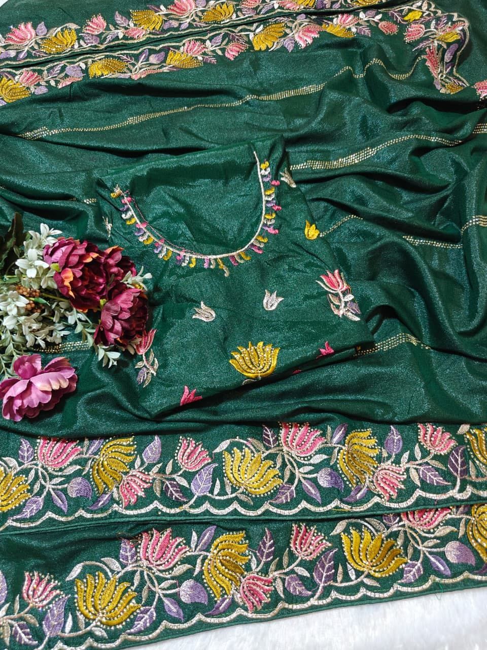 Designer Chinnon Silk Saree with Floral Embroidery & Heavy Blouse