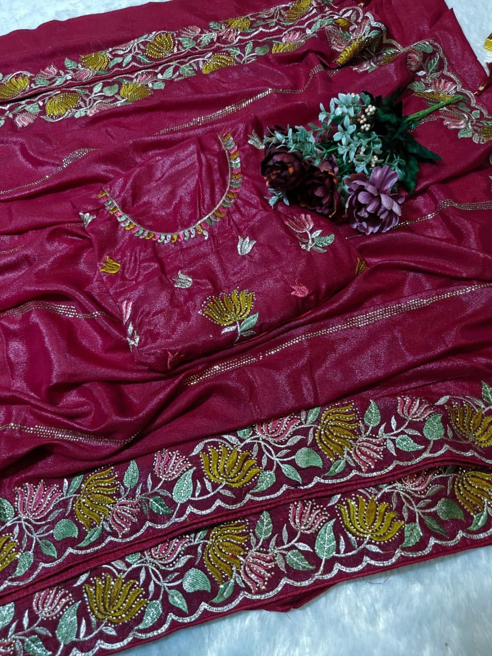 Designer Chinnon Silk Saree with Floral Embroidery & Heavy Blouse