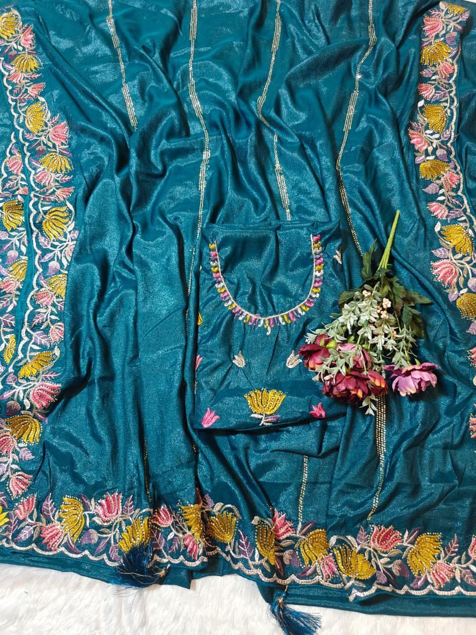Designer Chinnon Silk Saree with Floral Embroidery & Heavy Blouse