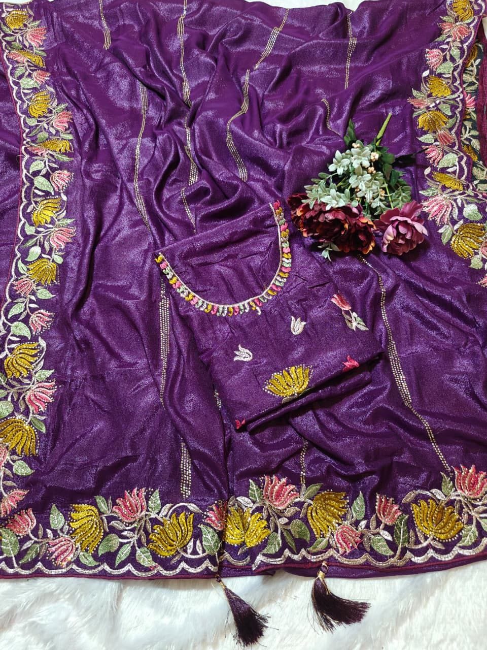 Designer Chinnon Silk Saree with Floral Embroidery & Heavy Blouse