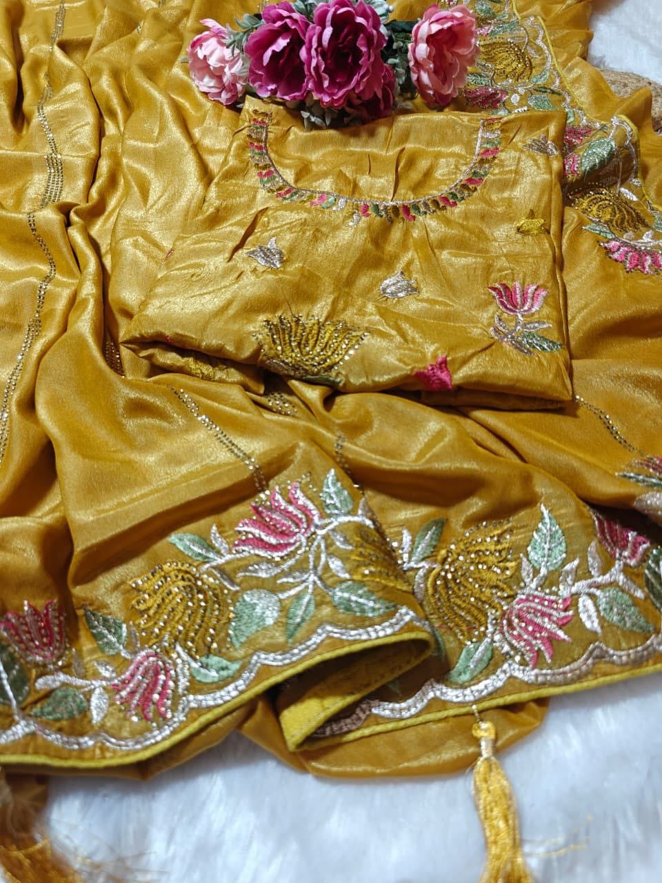 Designer Chinnon Silk Saree with Floral Embroidery & Heavy Blouse