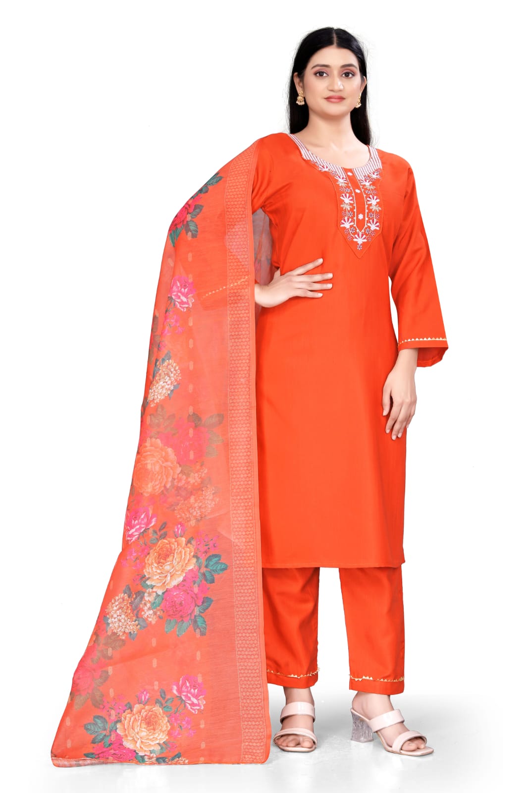 Women's Orange Floral Printed Kurta Pant Dupatta Set | 3 Piece Ethnic Suit