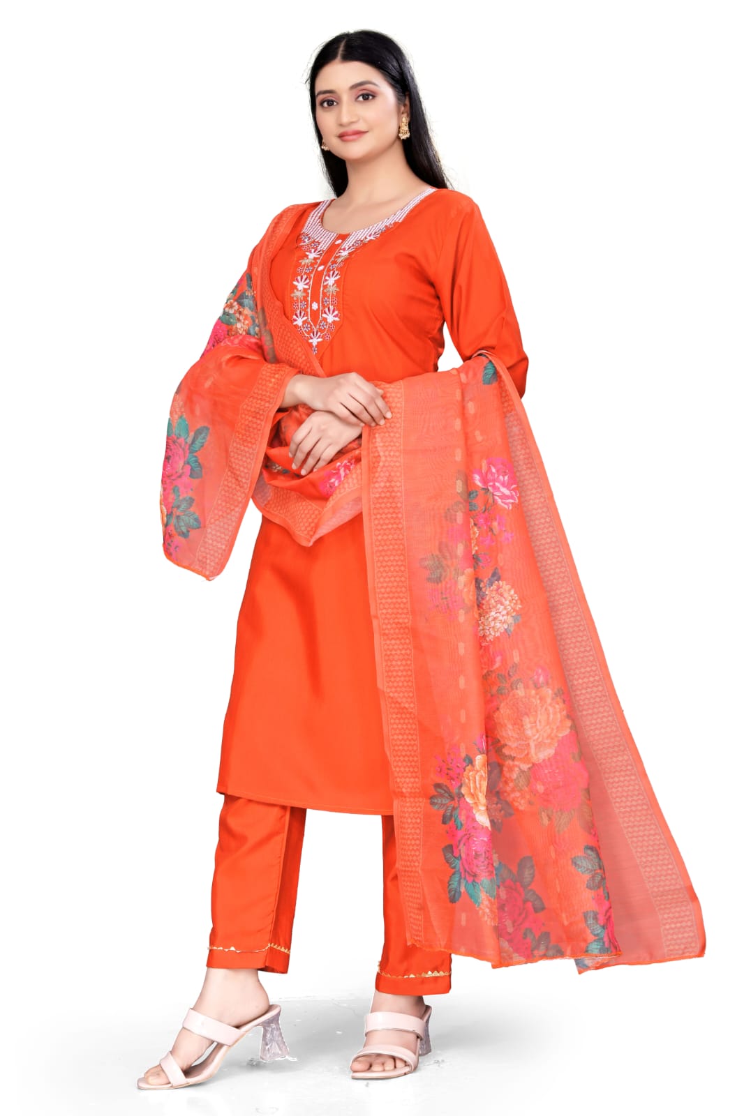 Women's Orange Floral Printed Kurta Pant Dupatta Set | 3 Piece Ethnic Suit