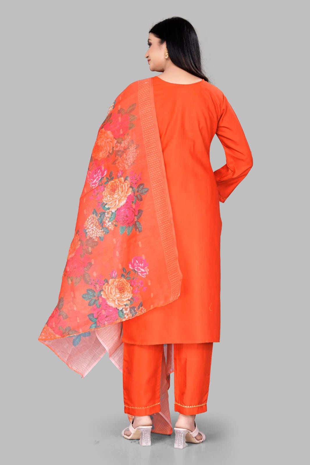 Women's Orange Floral Printed Kurta Pant Dupatta Set | 3 Piece Ethnic Suit