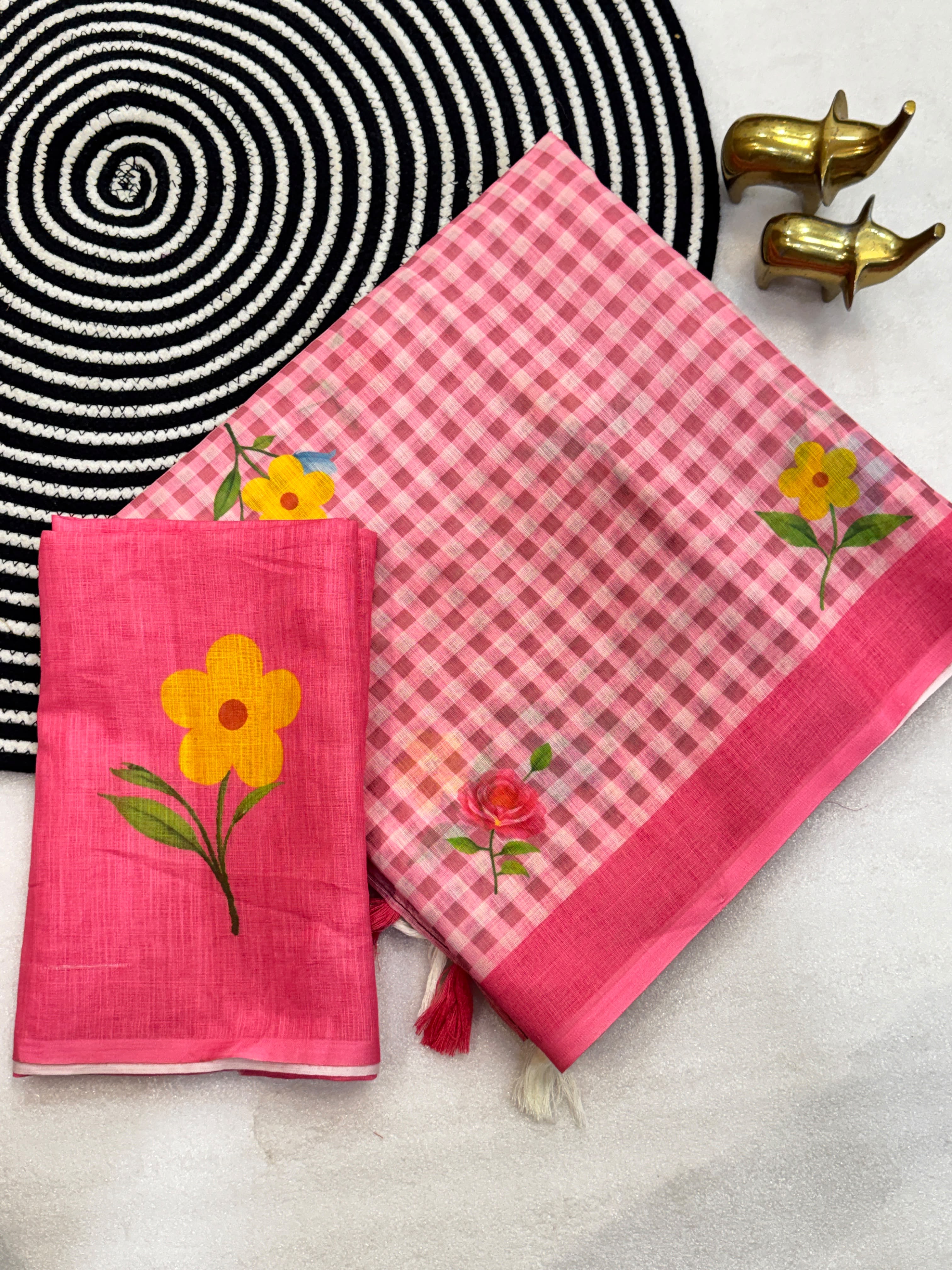 FLOWER-1 | Soft Linen Cotton Saree | Chex Print with Floral Design | Running Blouse