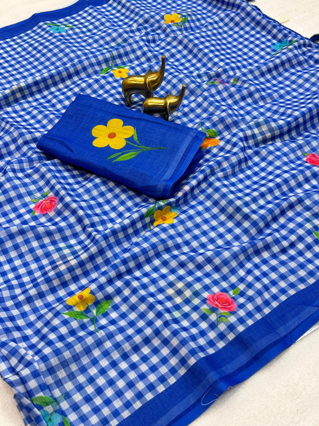 FLOWER-1 | Soft Linen Cotton Saree | Chex Print with Floral Design | Running Blouse