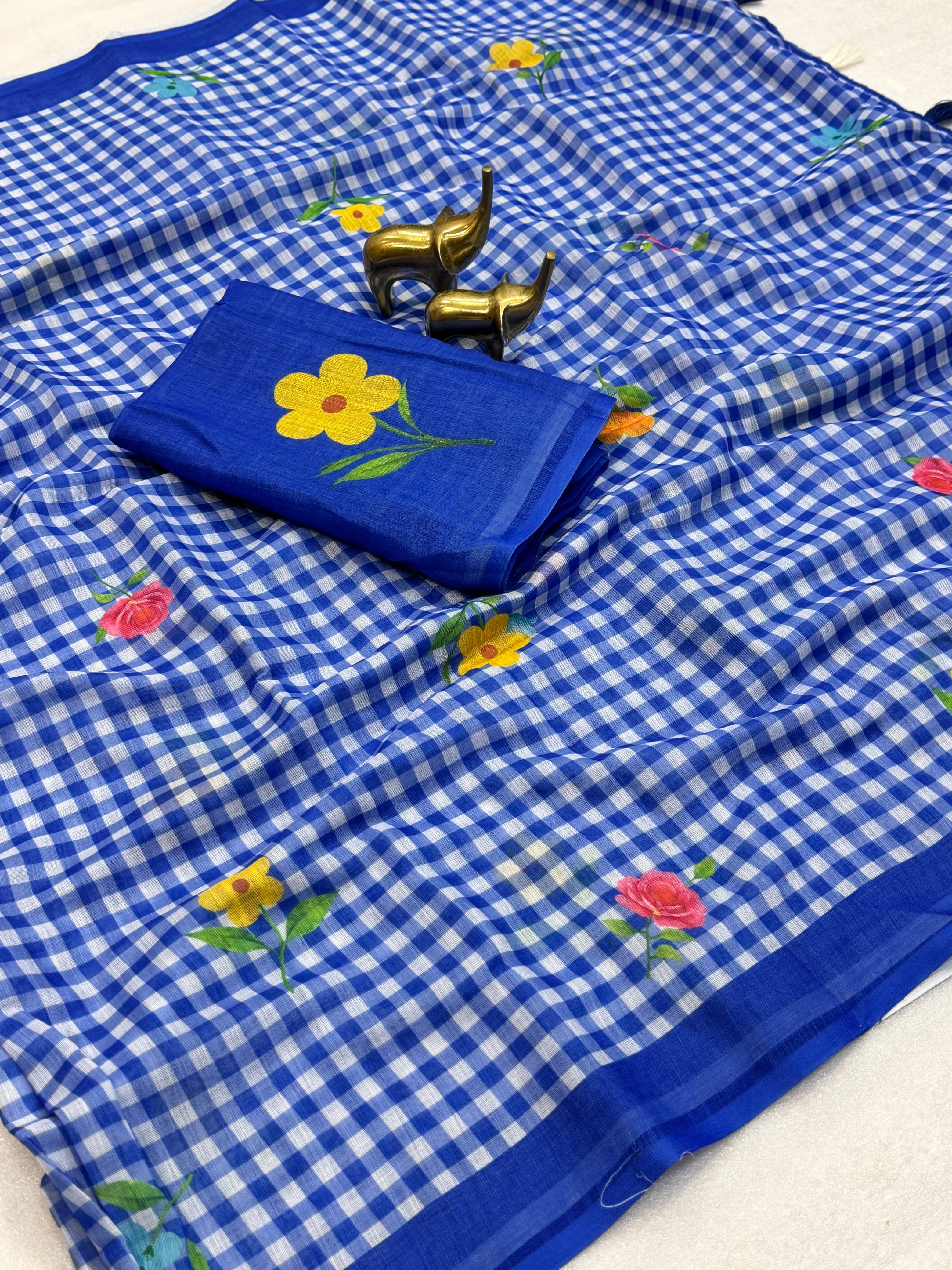 FLOWER-1 | Soft Linen Cotton Saree | Chex Print with Floral Design | Running Blouse