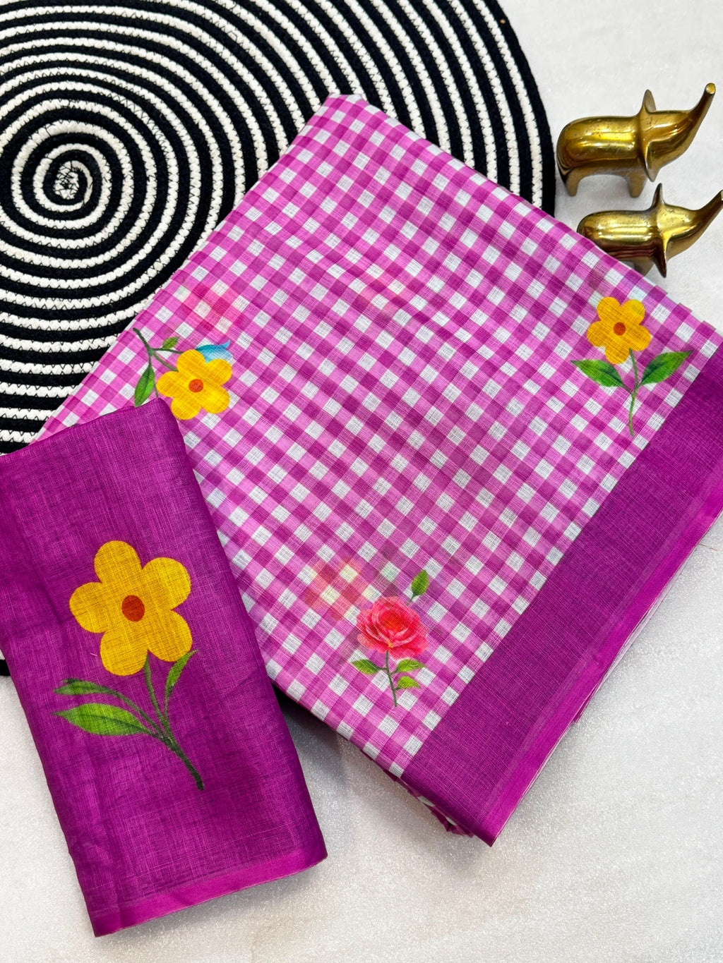FLOWER-1 | Soft Linen Cotton Saree | Chex Print with Floral Design | Running Blouse