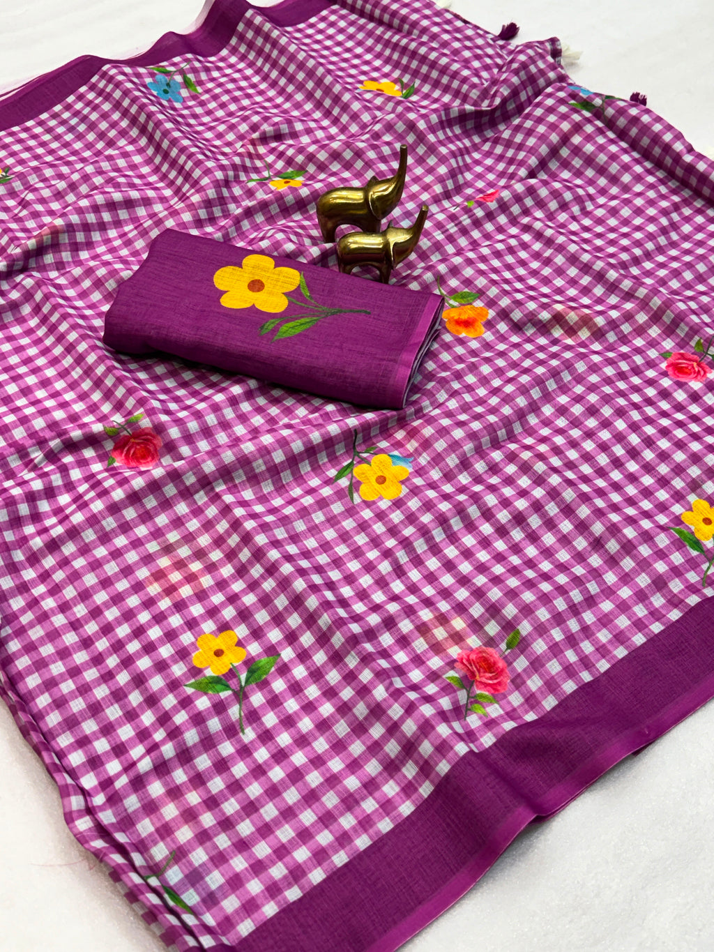 FLOWER-1 | Soft Linen Cotton Saree | Chex Print with Floral Design | Running Blouse