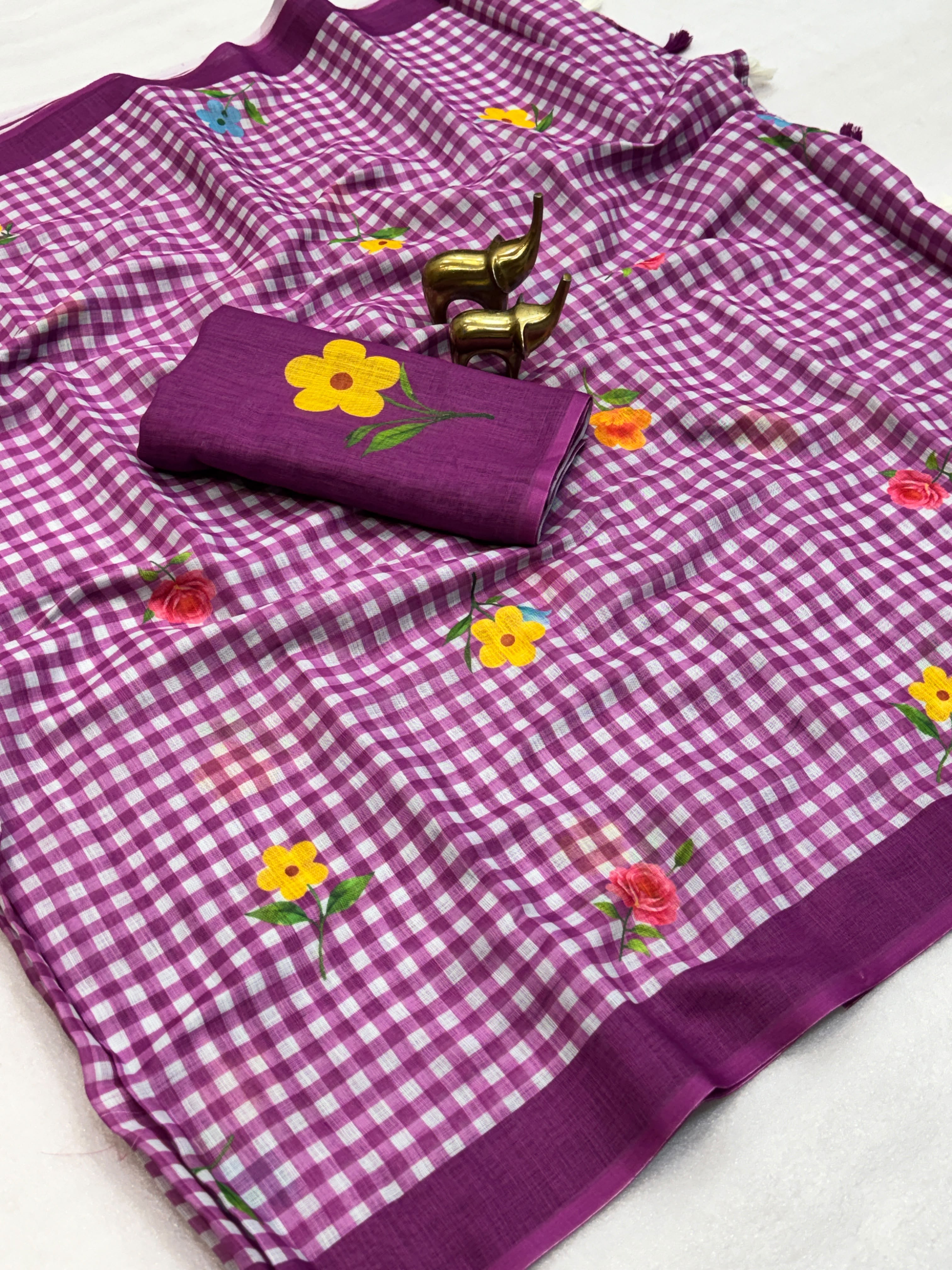 FLOWER-1 | Soft Linen Cotton Saree | Chex Print with Floral Design | Running Blouse