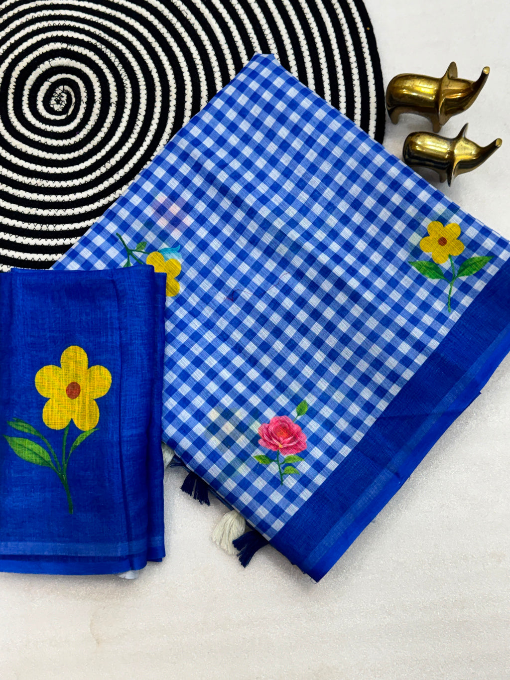 FLOWER-1 | Soft Linen Cotton Saree | Chex Print with Floral Design | Running Blouse