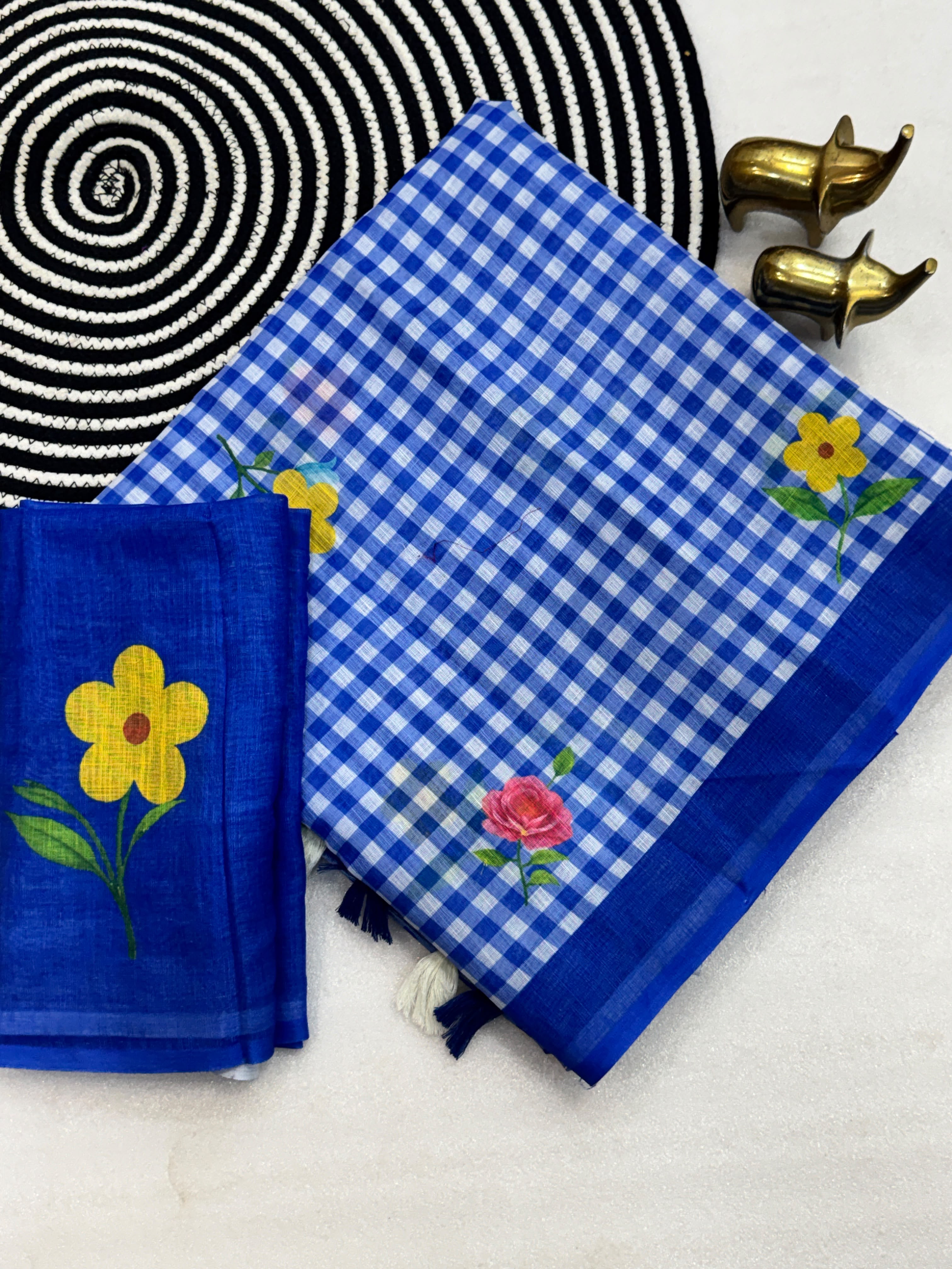 FLOWER-1 | Soft Linen Cotton Saree | Chex Print with Floral Design | Running Blouse