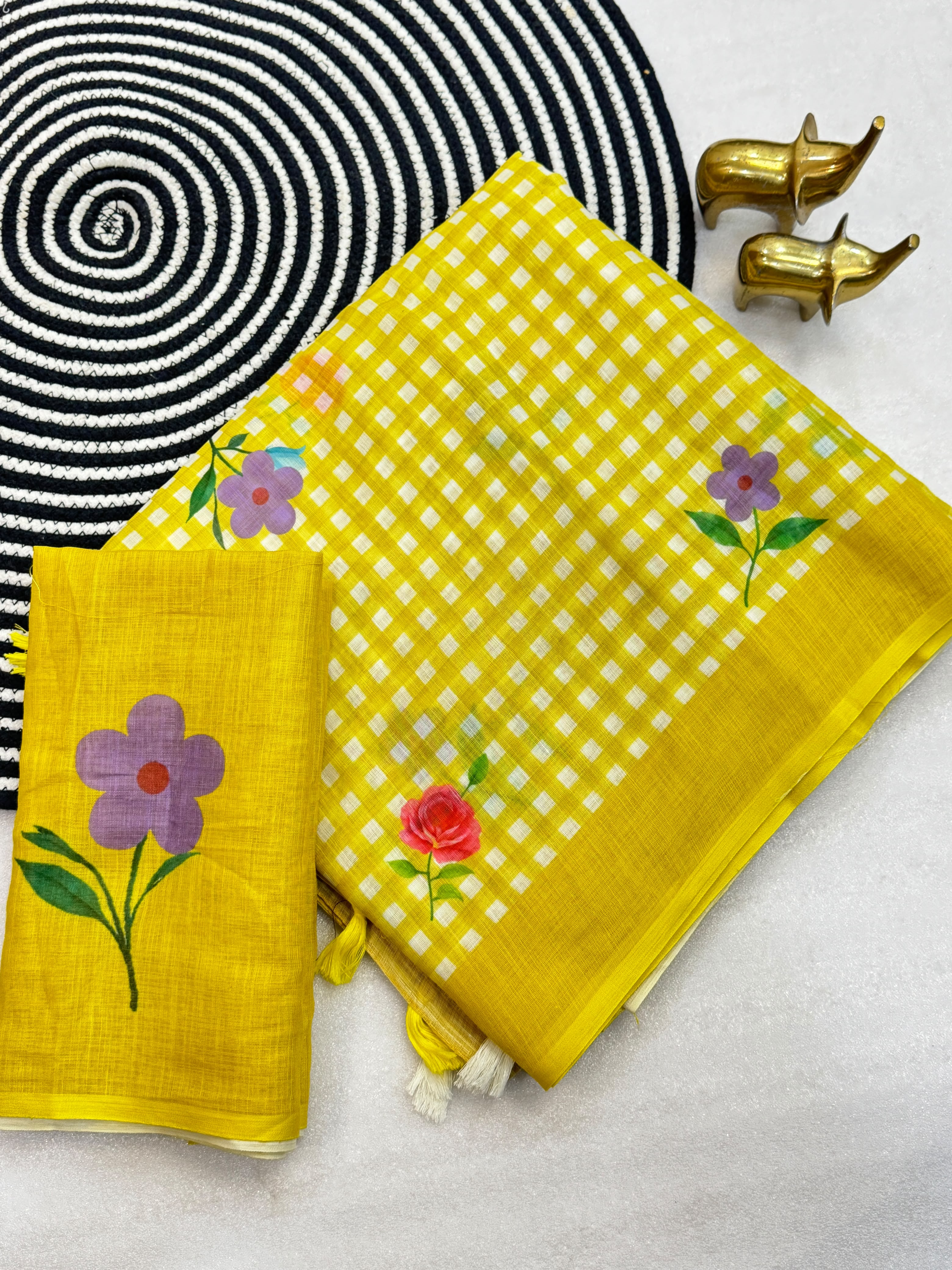 FLOWER-1 | Soft Linen Cotton Saree | Chex Print with Floral Design | Running Blouse