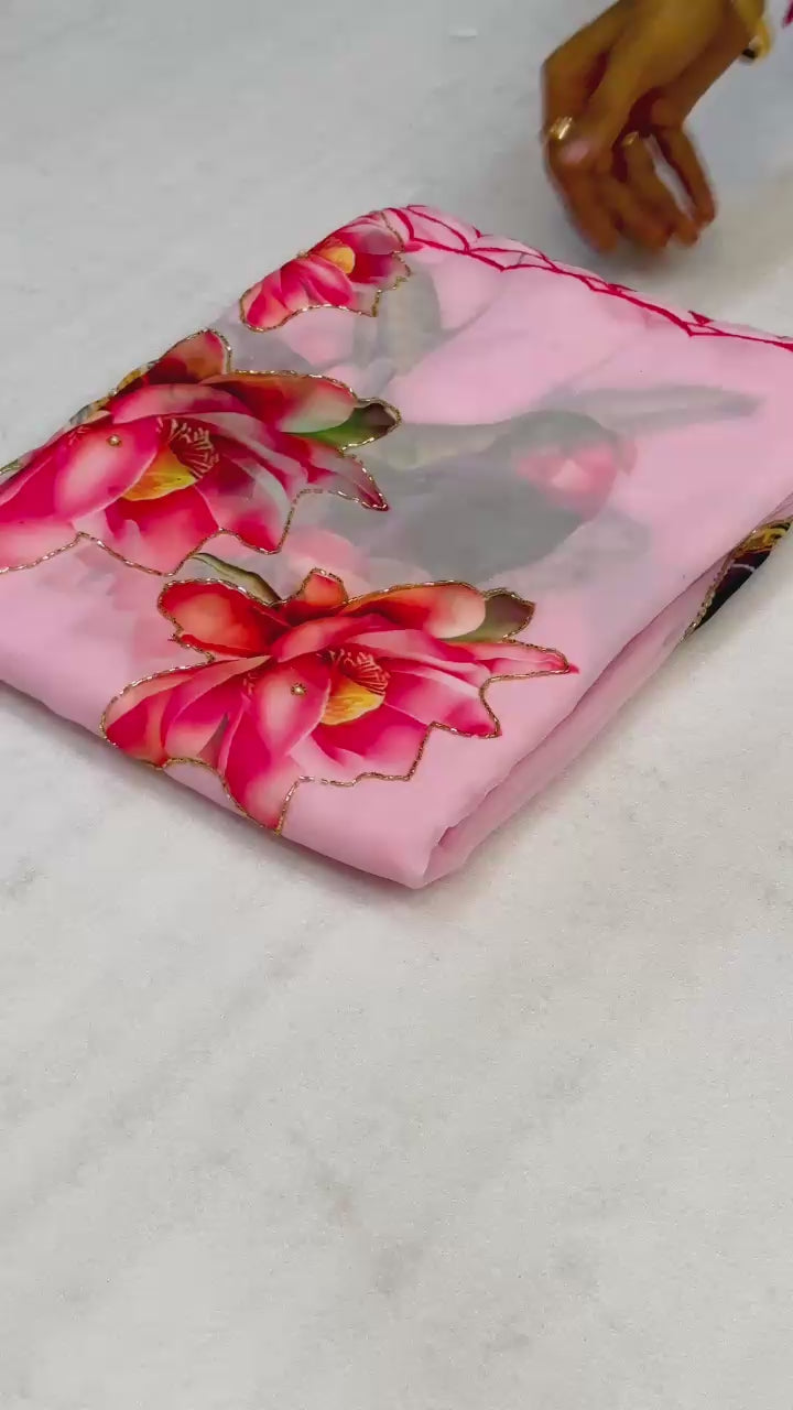 Multi Color Floral Handwork Georgette Party Wear Saree with Blouse - 2 The Taanabaanaa