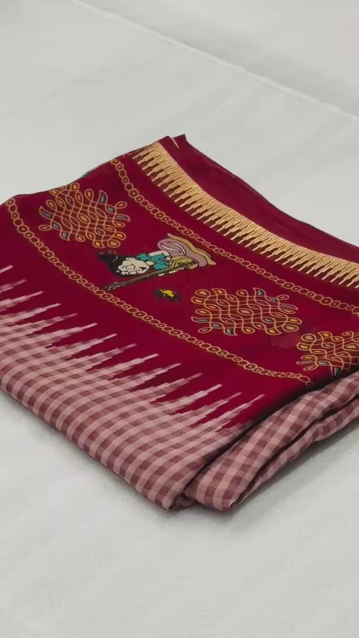 Traditional Checkered Cotton Silk Saree with Tribal Art Pallu & Temple Border
