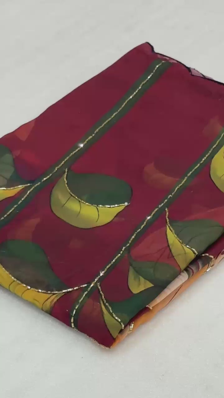 Multi Color Floral Handwork Georgette Party Wear Saree with Blouse - 2 The Taanabaanaa