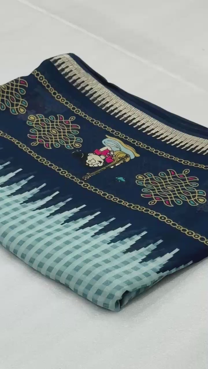 Traditional Checkered Cotton Silk Saree with Tribal Art Pallu & Temple Border