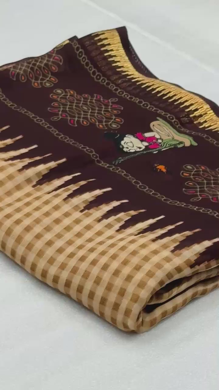 Traditional Checkered Cotton Silk Saree with Tribal Art Pallu & Temple Border