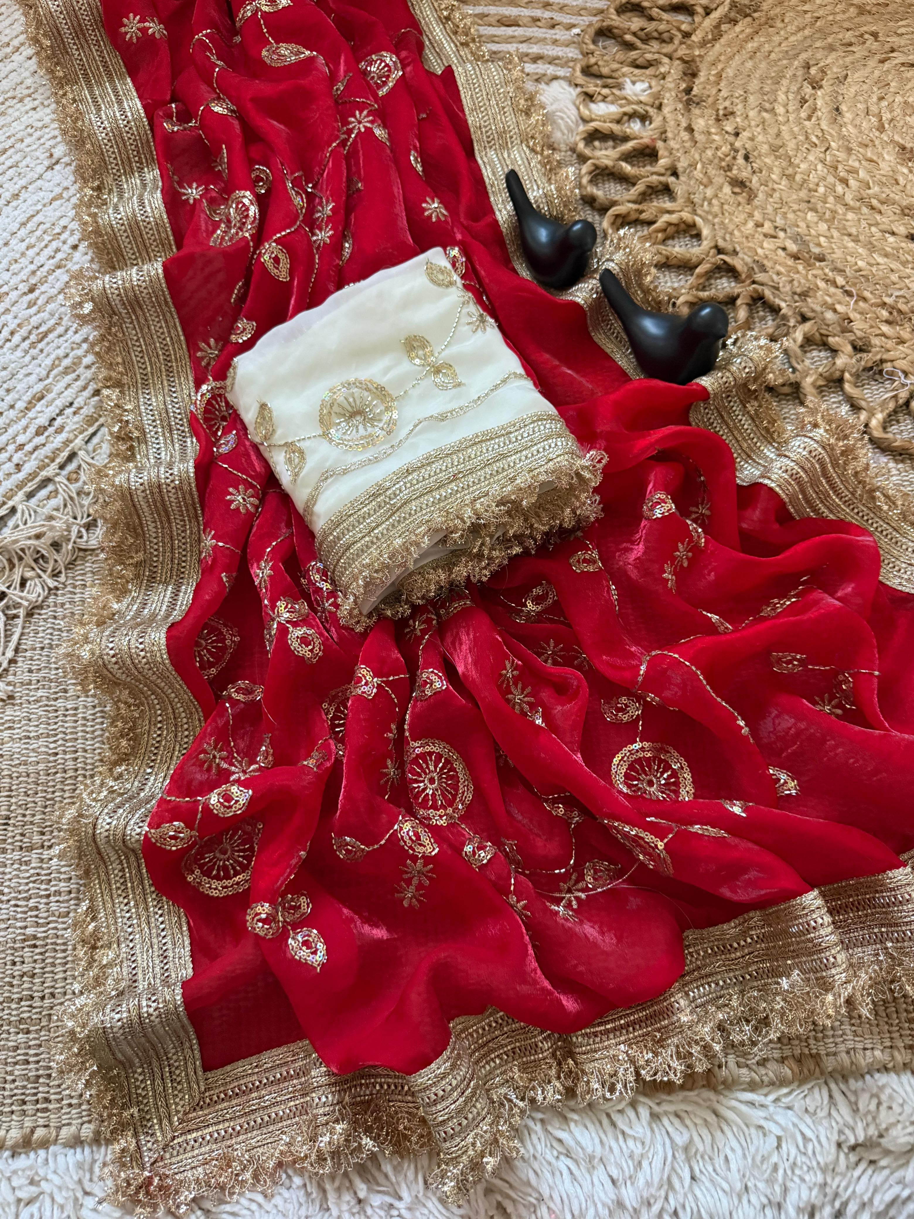 Luxury Organza Tissue Silk Saree with Zari Embroidery & Lace Border