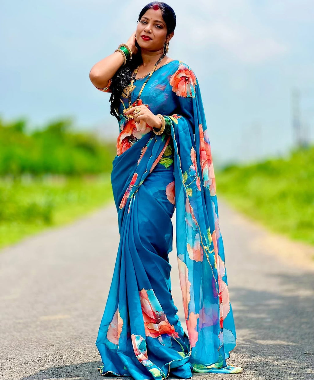 Multi Color Floral Handwork Georgette Party Wear Saree with Blouse - 2 The Taanabaanaa