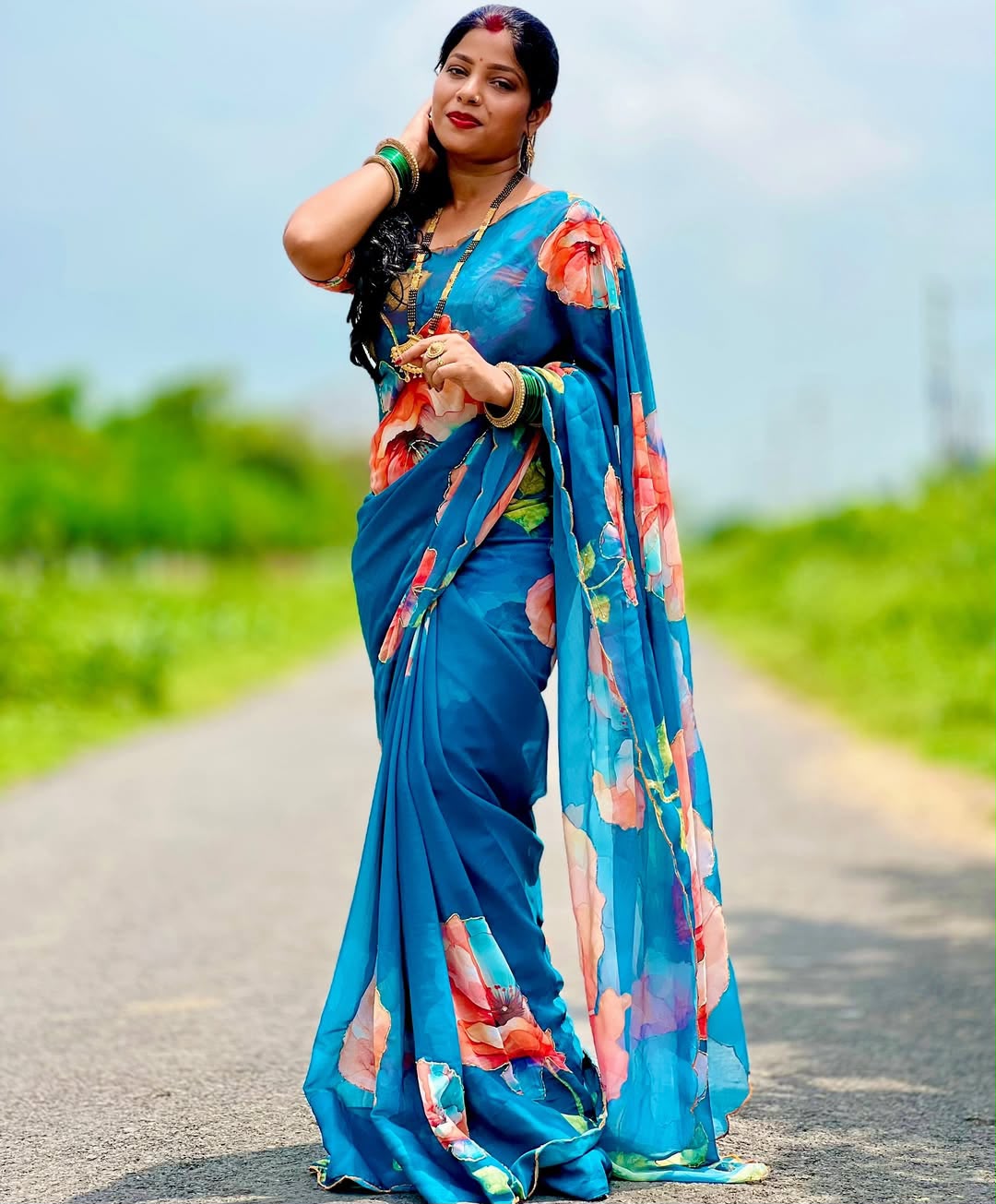 Multi Color Floral Handwork Georgette Party Wear Saree with Blouse - 2 The Taanabaanaa