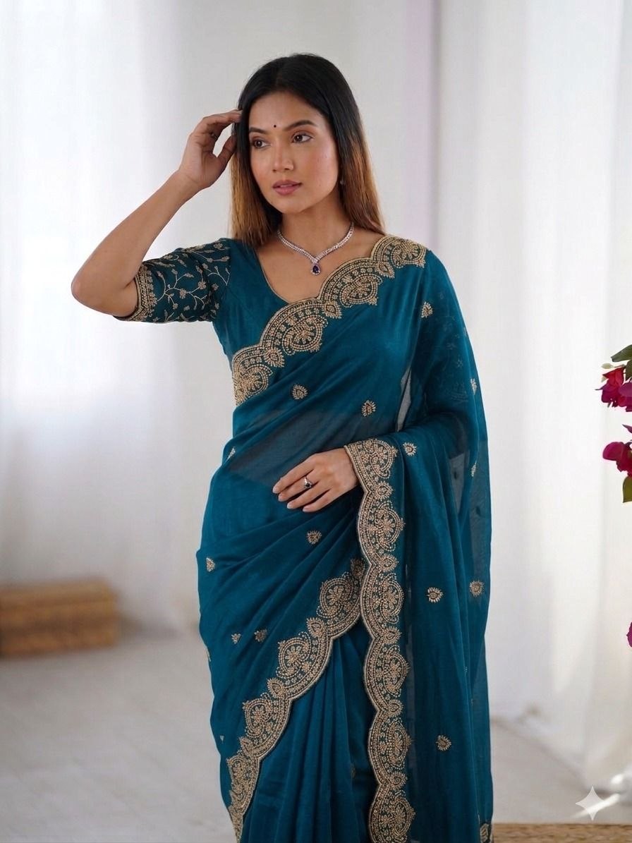Premium Simmer Chiffon Saree with Zari Embroidery & Designer Blouse Piece
