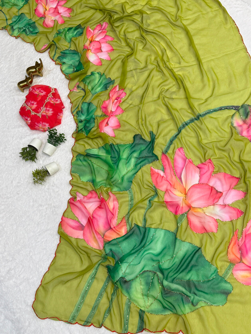 Multi Color Floral Handwork Georgette Party Wear Saree with Blouse - 2 The Taanabaanaa