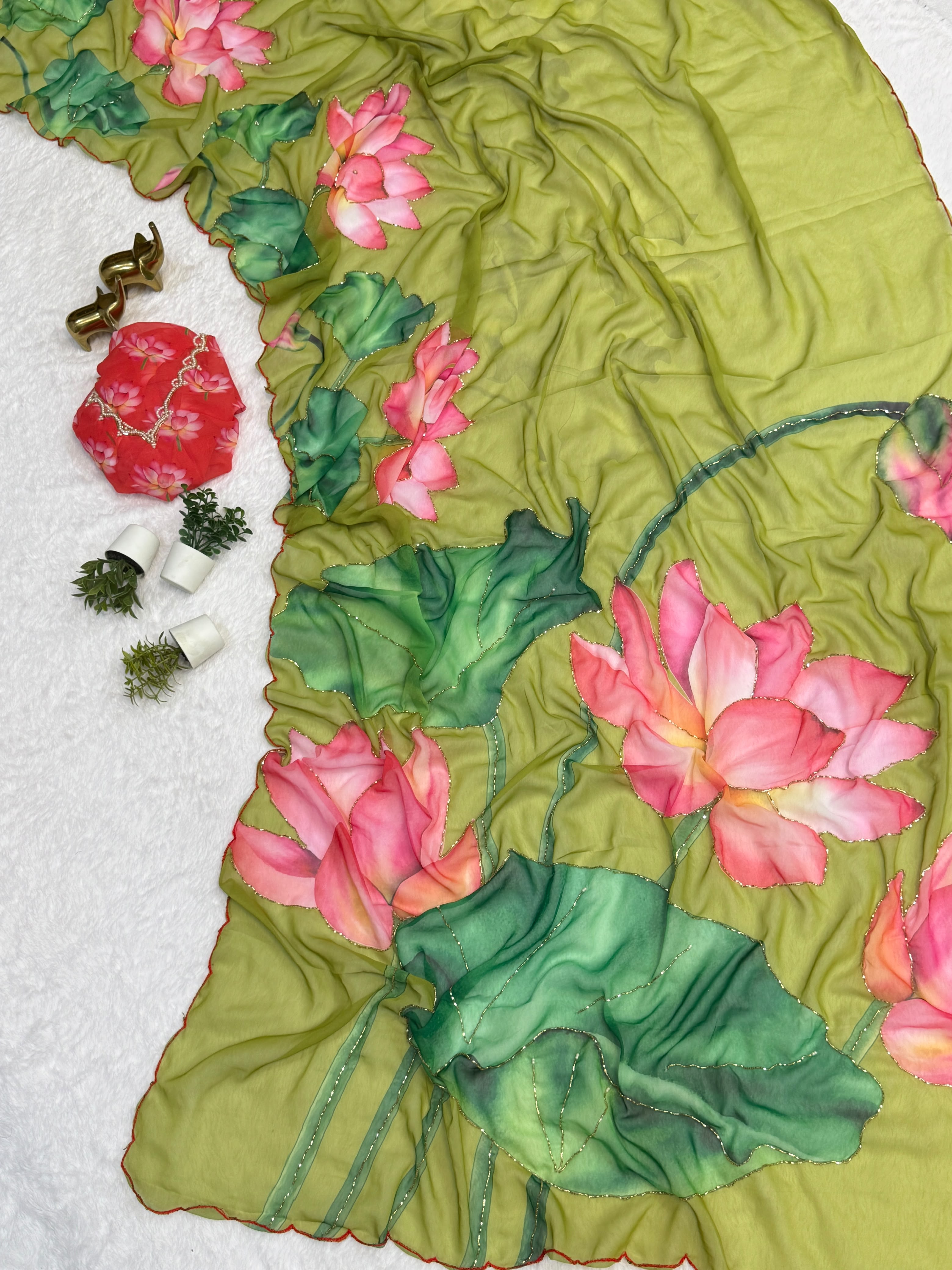 Multi Color Floral Handwork Georgette Party Wear Saree with Blouse - 2 The Taanabaanaa