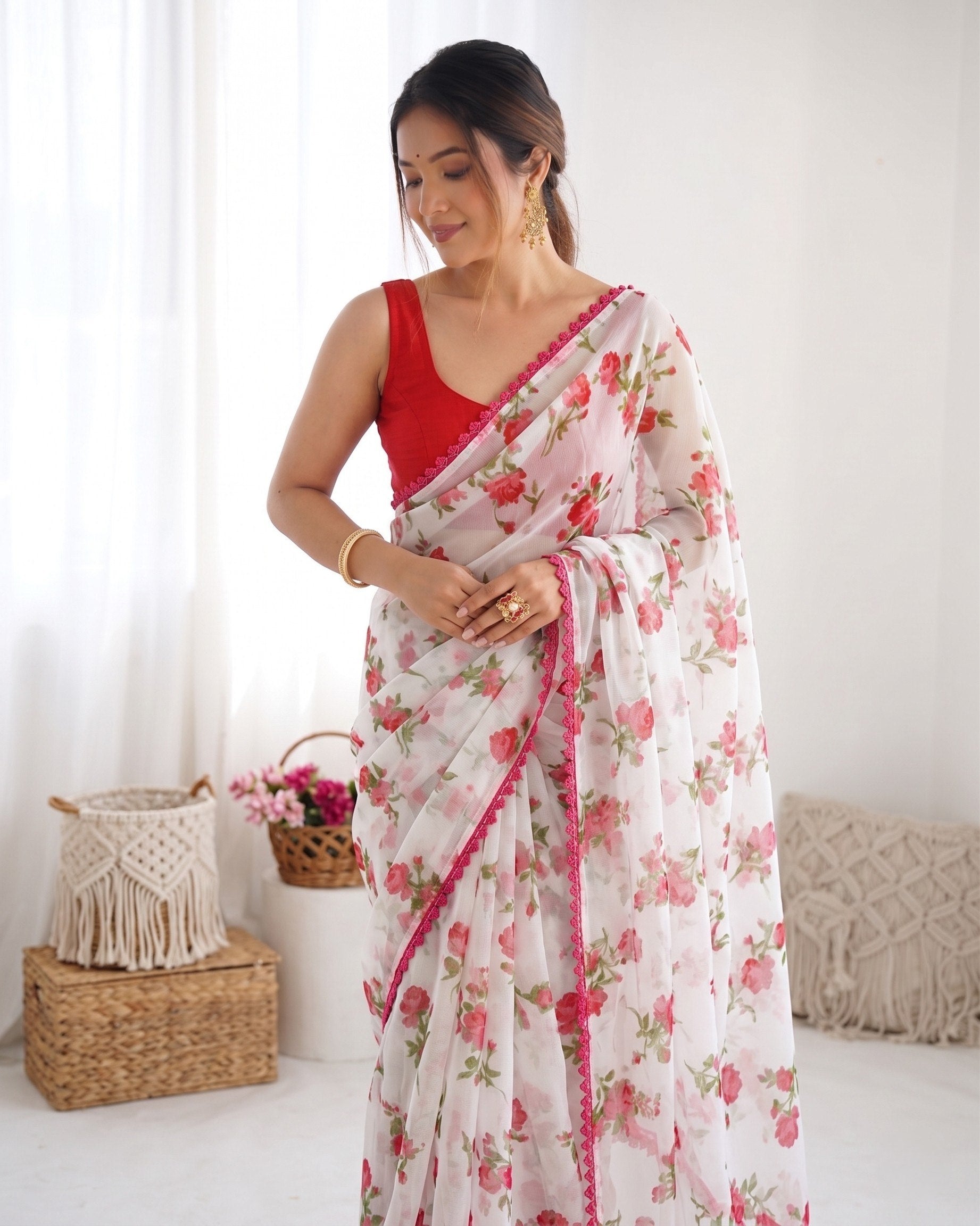 Buy White Floral Print Chiffon Saree with Pom-Pom Lace