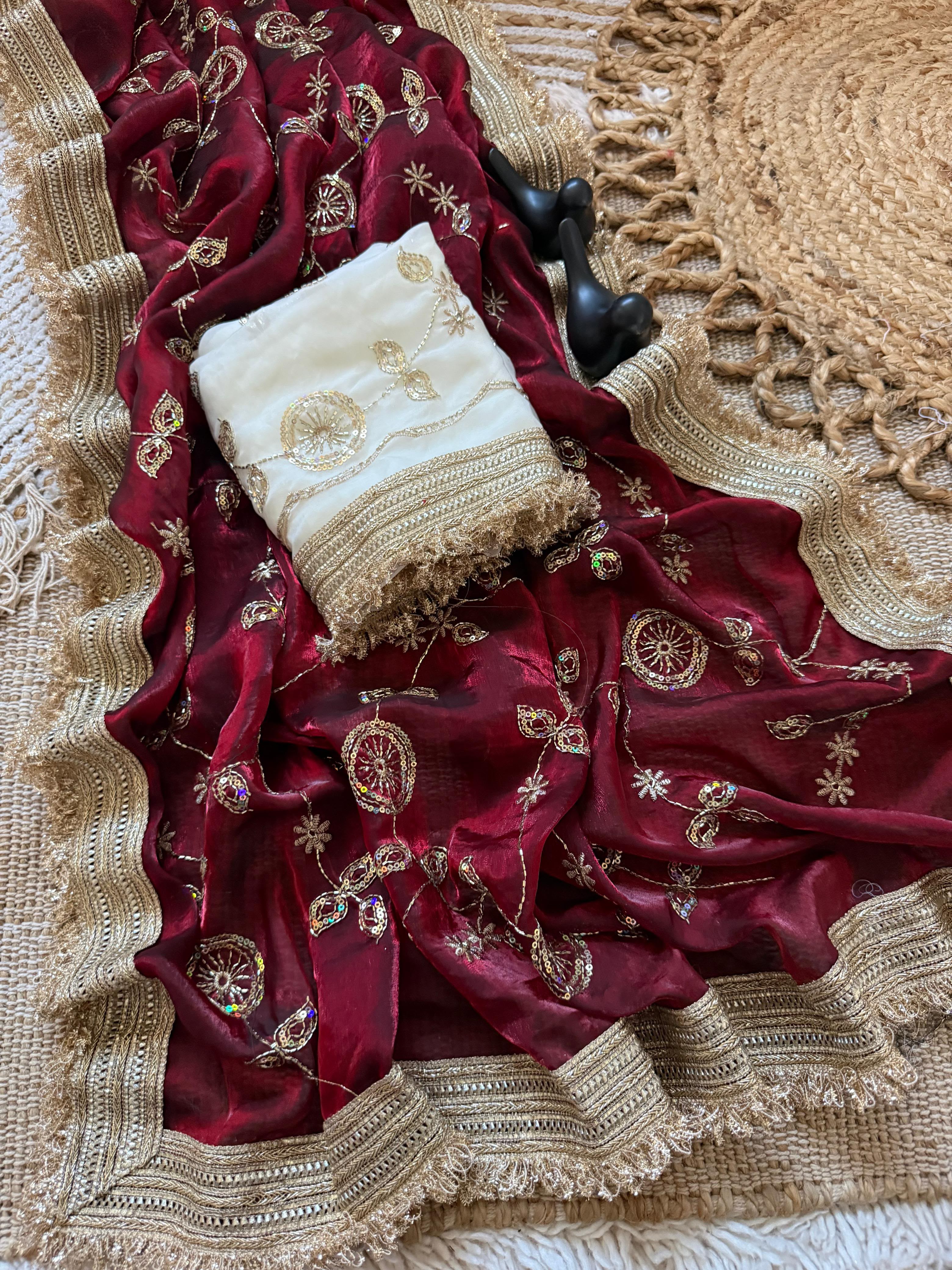 Luxury Organza Tissue Silk Saree with Zari Embroidery & Lace Border