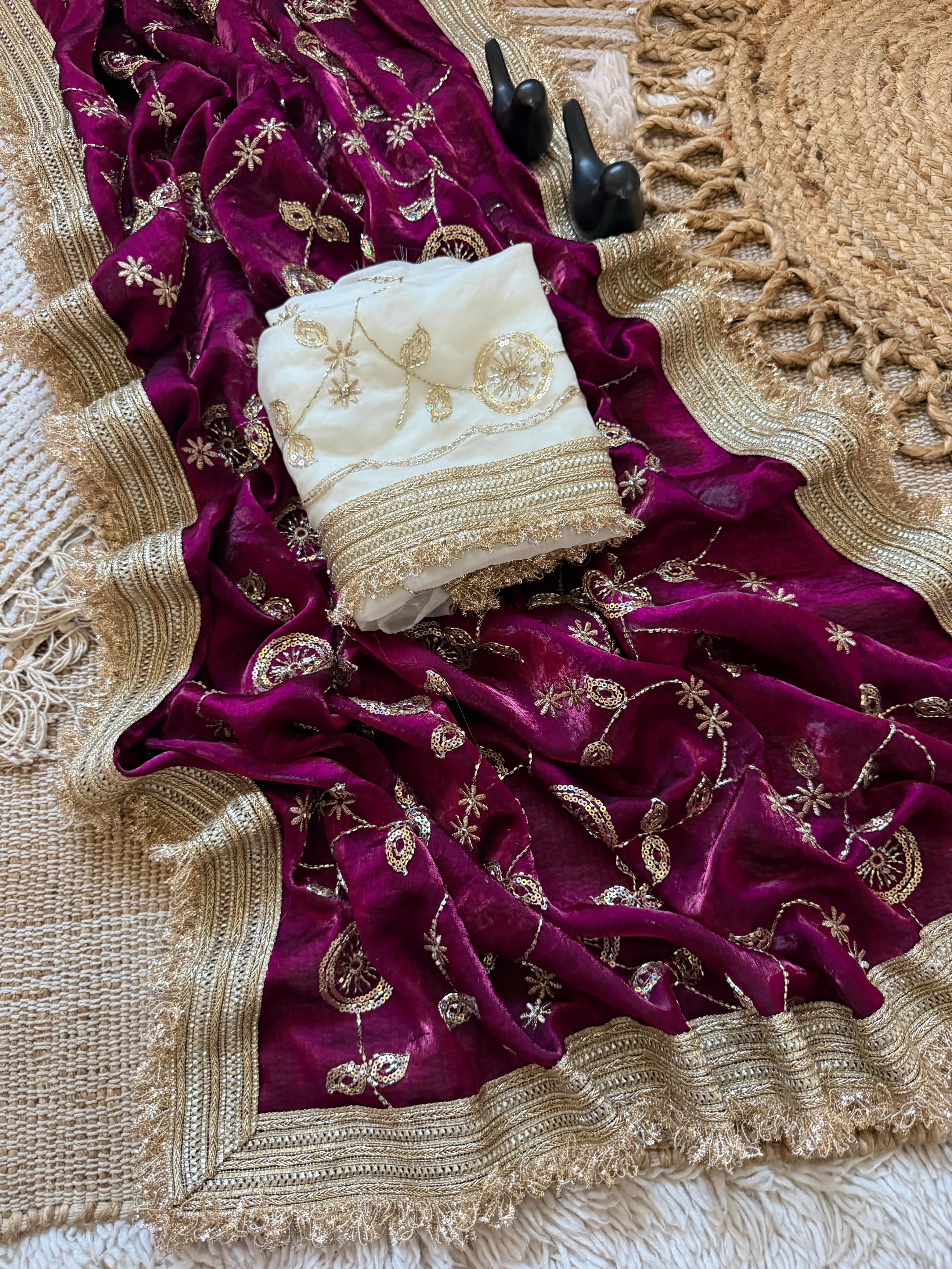 Luxury Organza Tissue Silk Saree with Zari Embroidery & Lace Border